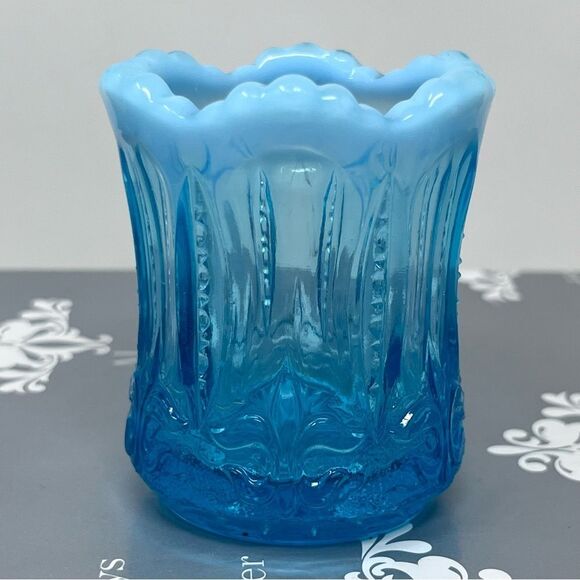 Jefferson Blue Glass Opalescent Iris with Meander Toothpick Holder - Picture 7 of 8
